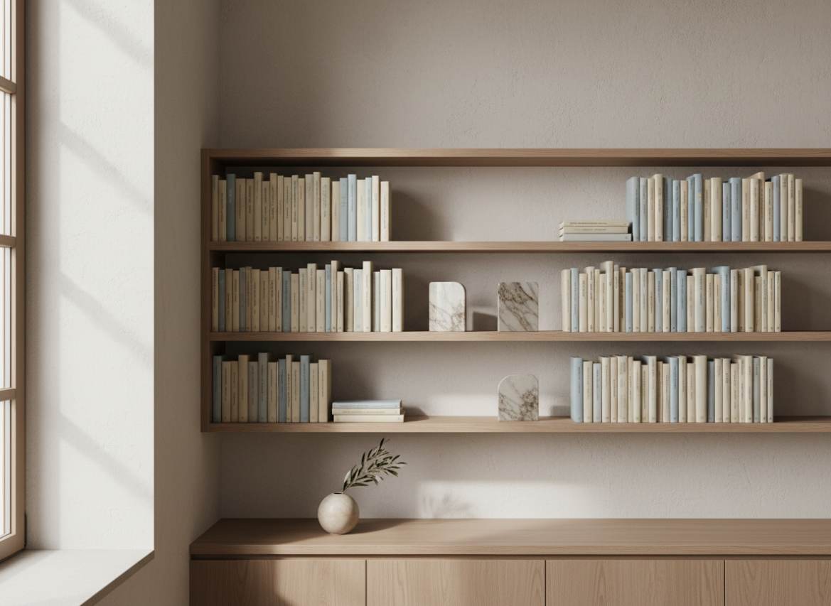 Libreria con pochi volumi ordinati