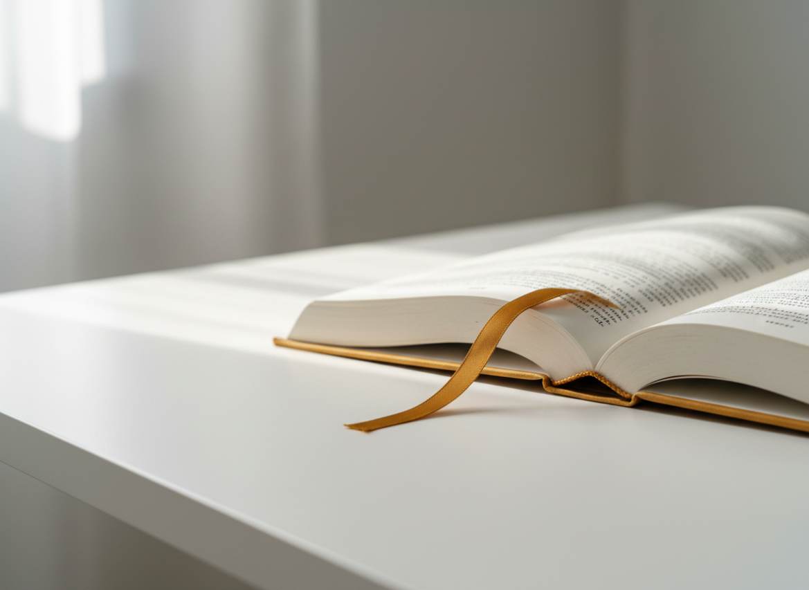 Libro aperto con segnalibro su tavolo bianco